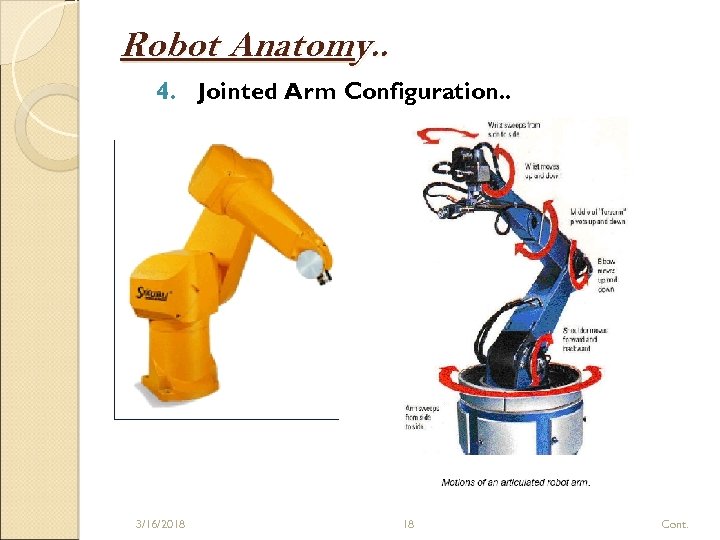 Robot Anatomy. . 4. Jointed Arm Configuration. . 3/16/2018 18 Cont. 