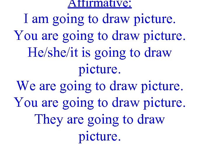 Affirmative: I am going to draw picture. You are going to draw picture. He/she/it
