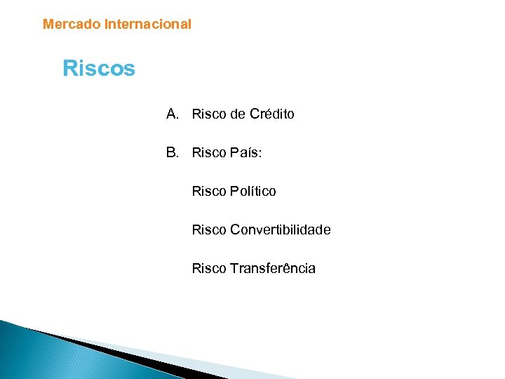 Mercado Internacional Riscos A. Risco de Crédito B. Risco País: Risco Político Risco Convertibilidade