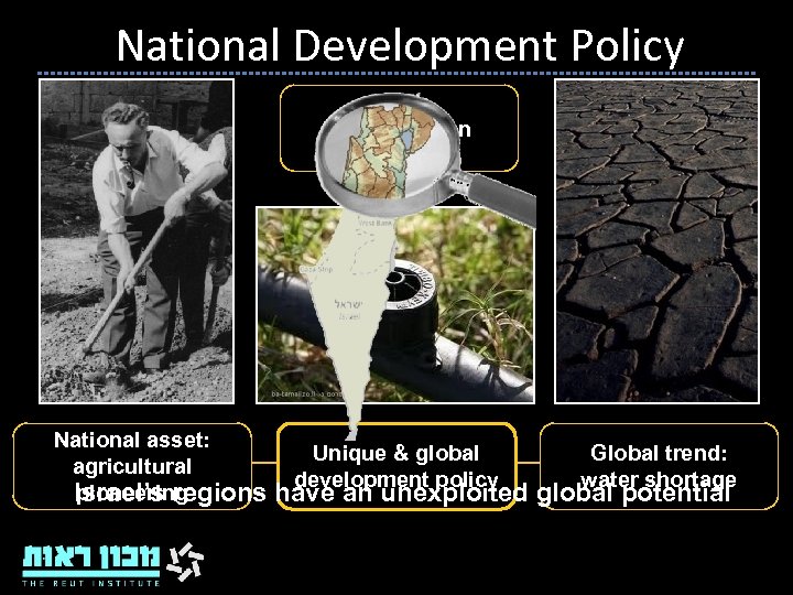 National Development Policy Drip irrigation National asset: agricultural pioneering Israel’s regions Unique & global