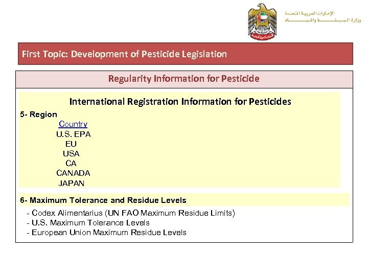 First Topic: Development of Pesticide Legislation Regularity Information for Pesticide International Registration Information for