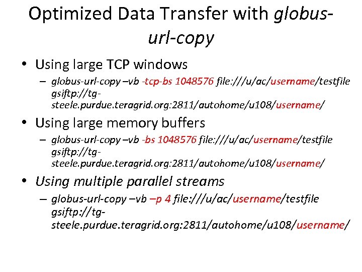 Optimized Data Transfer with globusurl-copy • Using large TCP windows – globus-url-copy –vb -tcp-bs
