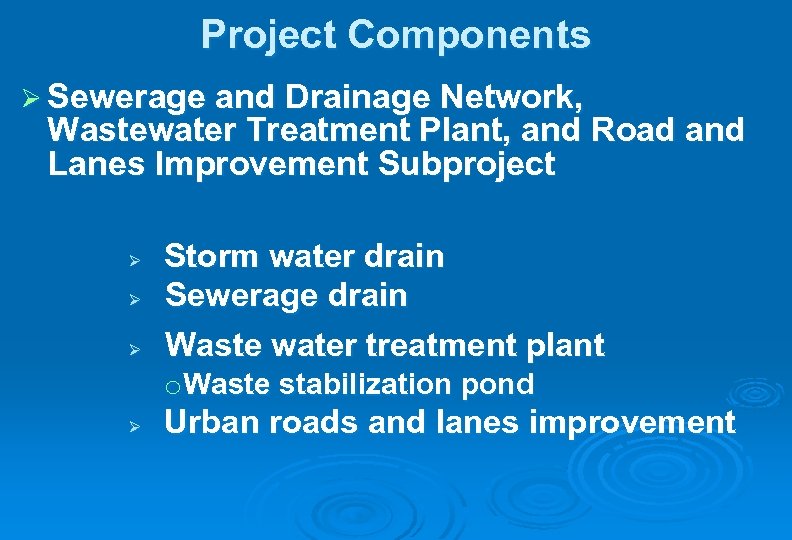 Project Components Ø Sewerage and Drainage Network, Wastewater Treatment Plant, and Road and Lanes