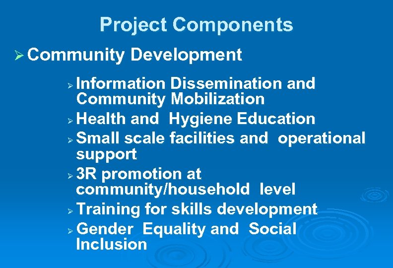 Project Components Ø Community Development Information Dissemination and Community Mobilization Ø Health and Hygiene