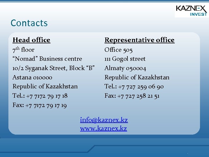 Contacts Head office Representative office 7 th floor “Nomad” Business centre 10/2 Syganak Street,