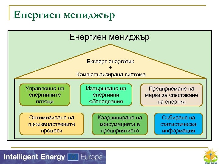 Енергиен мениджър Експерт енергетик + Компютъризирана система Управление на енергийните потоци Оптимизиране на производствените