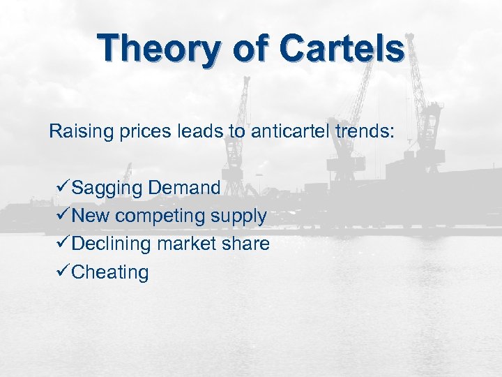 Theory of Cartels Raising prices leads to anticartel trends: üSagging Demand üNew competing supply