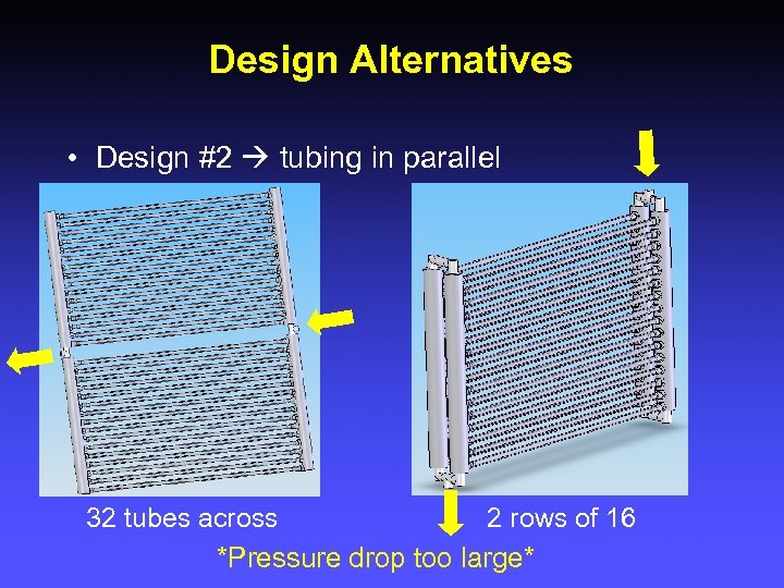 Design Alternatives • Design #2 tubing in parallel 32 tubes across 2 rows of