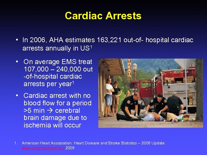 Cardiac Arrests • In 2006, AHA estimates 163, 221 out-of- hospital cardiac arrests annually
