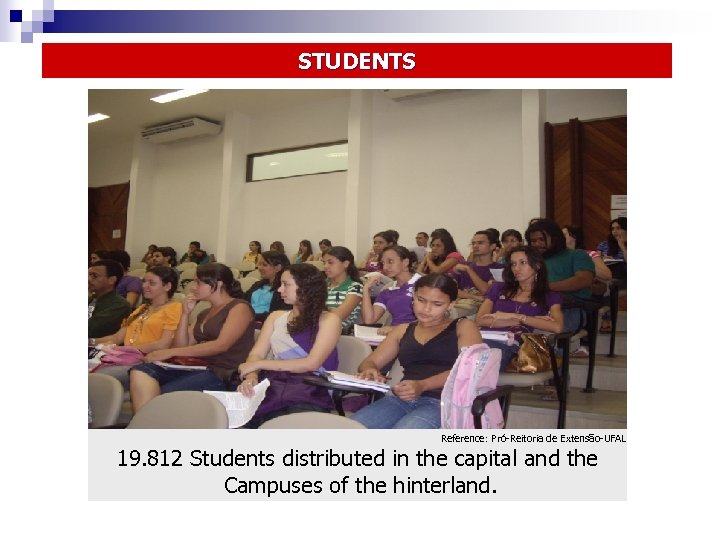 STUDENTS Reference: Pró-Reitoria de Extensão-UFAL 19. 812 Students distributed in the capital and the