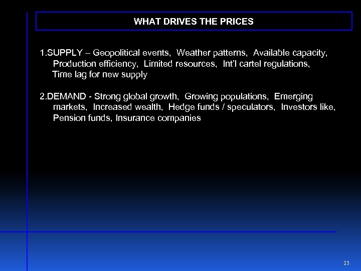 WHAT DRIVES THE PRICES 1. SUPPLY – Geopolitical events, Weather patterns, Available capacity, Production