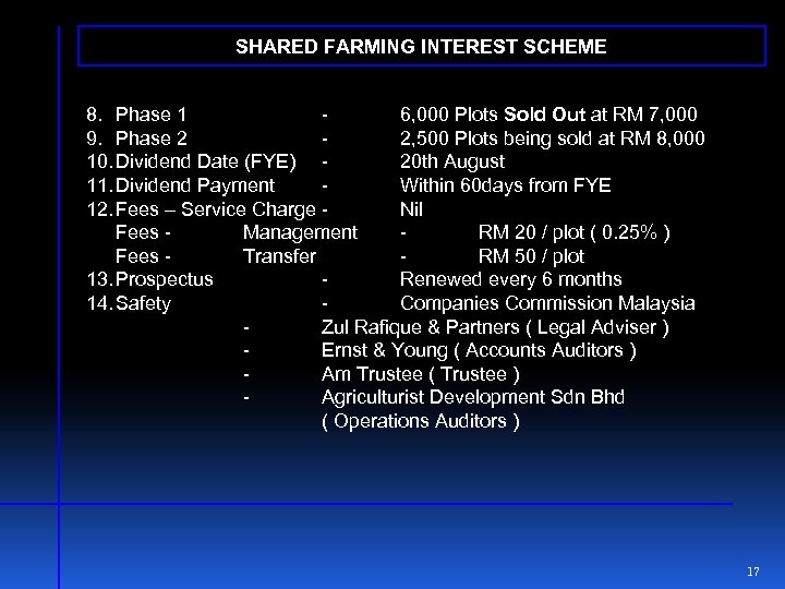 SHARED FARMING INTEREST SCHEME 8. Phase 1 6, 000 Plots Sold Out at RM