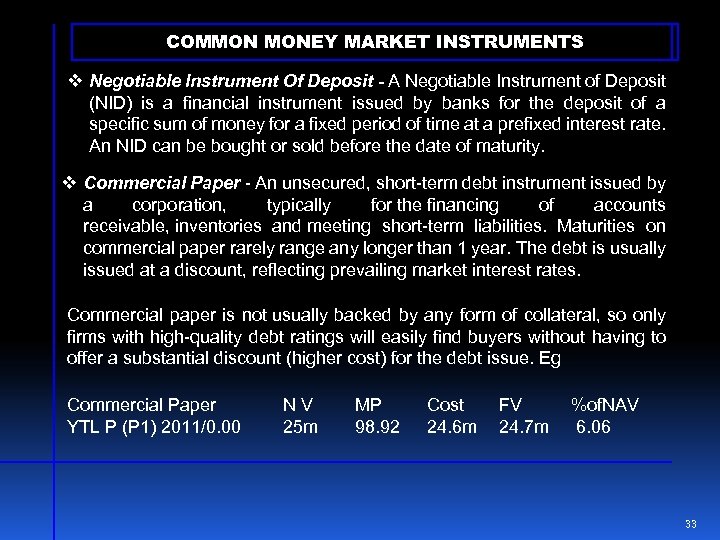 COMMON MONEY MARKET INSTRUMENTS v Negotiable Instrument Of Deposit - A Negotiable Instrument of