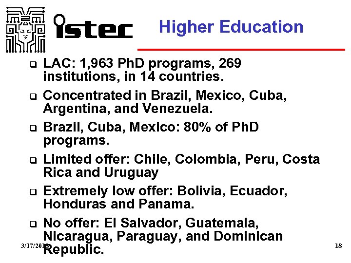 Higher Education LAC: 1, 963 Ph. D programs, 269 institutions, in 14 countries. Concentrated