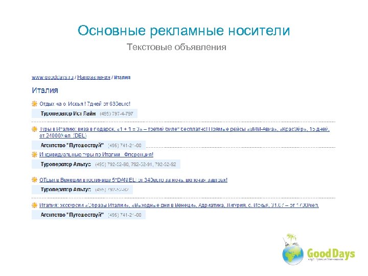 Основные рекламные носители Текстовые объявления 