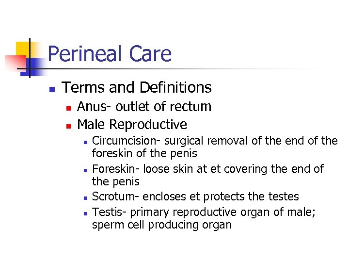 Perineal Care n Terms and Definitions n n Anus- outlet of rectum Male Reproductive
