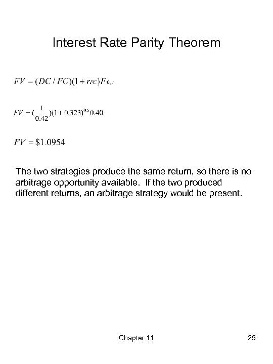 Interest Rate Parity Theorem The two strategies produce the same return, so there is