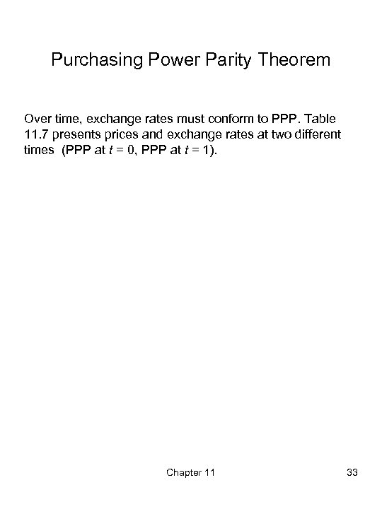 Purchasing Power Parity Theorem Over time, exchange rates must conform to PPP. Table 11.