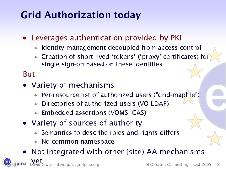 Grid Authorization today · Leverages authentication provided by PKI · Identity management decoupled from