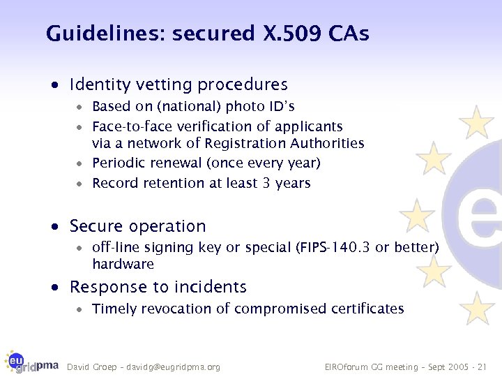 Guidelines: secured X. 509 CAs · Identity vetting procedures · Based on (national) photo