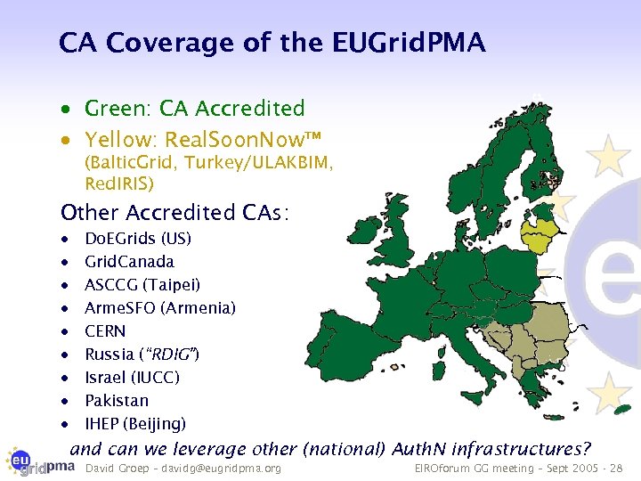 CA Coverage of the EUGrid. PMA · Green: CA Accredited · Yellow: Real. Soon.