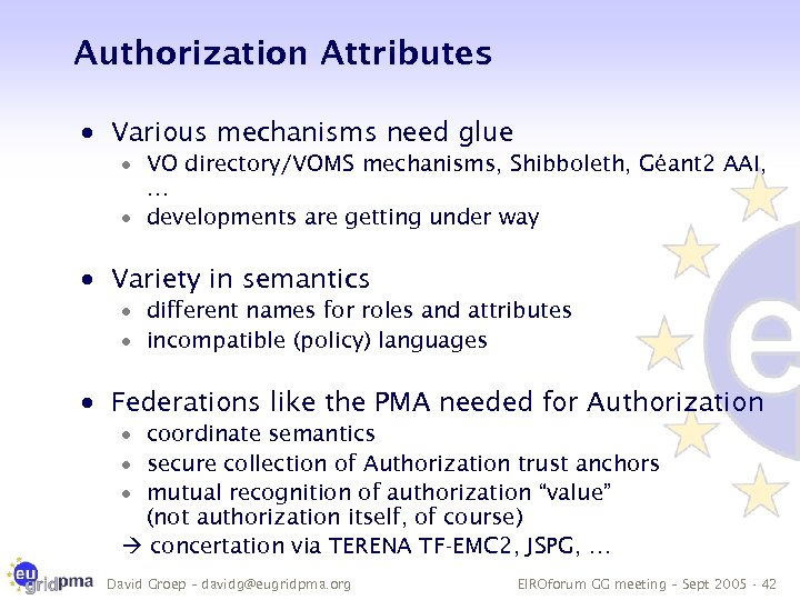 Authorization Attributes · Various mechanisms need glue · VO directory/VOMS mechanisms, Shibboleth, Géant 2