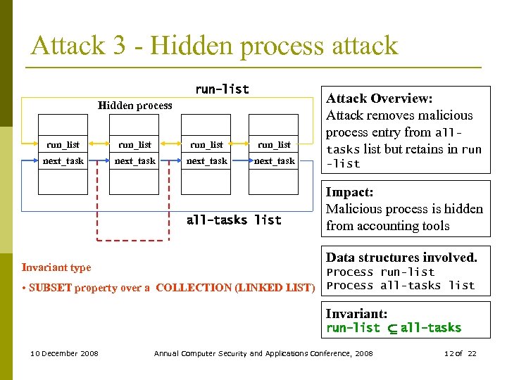 Attack 3 - Hidden process attack run-list Hidden process run_list next_task all-tasks list Invariant