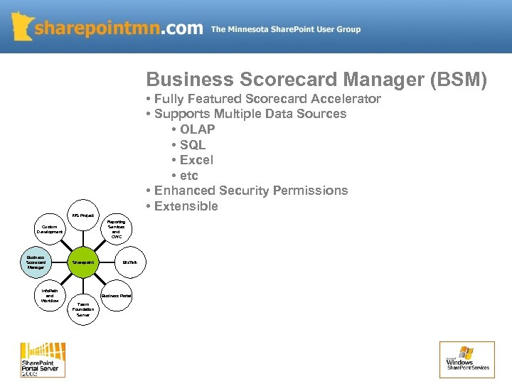 Business Scorecard Manager (BSM) • Fully Featured Scorecard Accelerator • Supports Multiple Data Sources