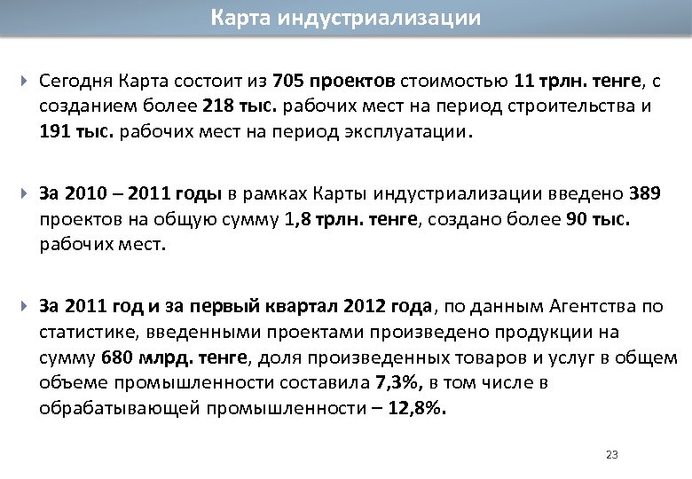 Карта индустриализации Сегодня Карта состоит из 705 проектов стоимостью 11 трлн. тенге, с созданием