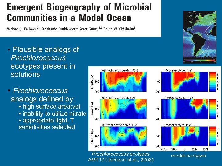  • Plausible analogs of Prochlorococcus ecotypes present in solutions Biomass • Prochlorococcus analogs