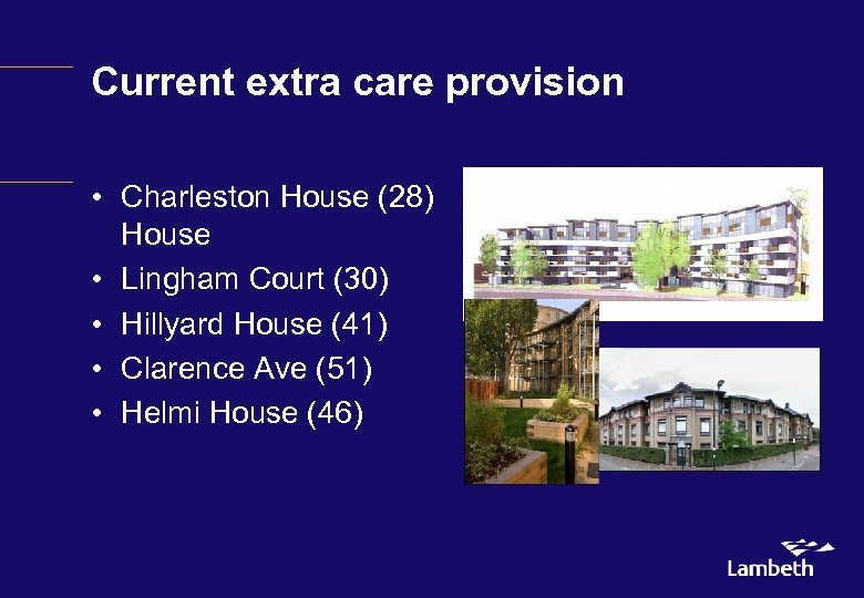 Current extra care provision • Charleston House (28) House • Lingham Court (30) •