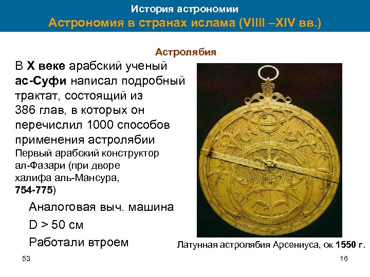 История астрономии Астрономия в странах ислама (VIIII –XIV вв. ) Астролябия В Х веке