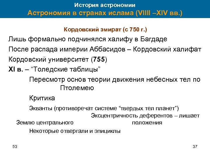 История астрономии Астрономия в странах ислама (VIIII –XIV вв. ) Кордовский эмират (с 750