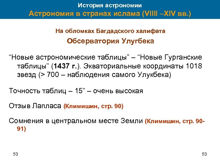 История астрономии Астрономия в странах ислама (VIIII –XIV вв. ) На обломках Багдадского халифата