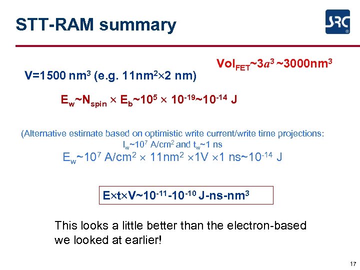 STT-RAM summary V=1500 nm 3 (e. g. 11 nm 2 2 nm) Vol. FET~3