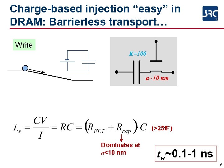 Charge-based injection “easy” in DRAM: Barrierless transport… Write K=100 a~10 nm (>25 f. F)