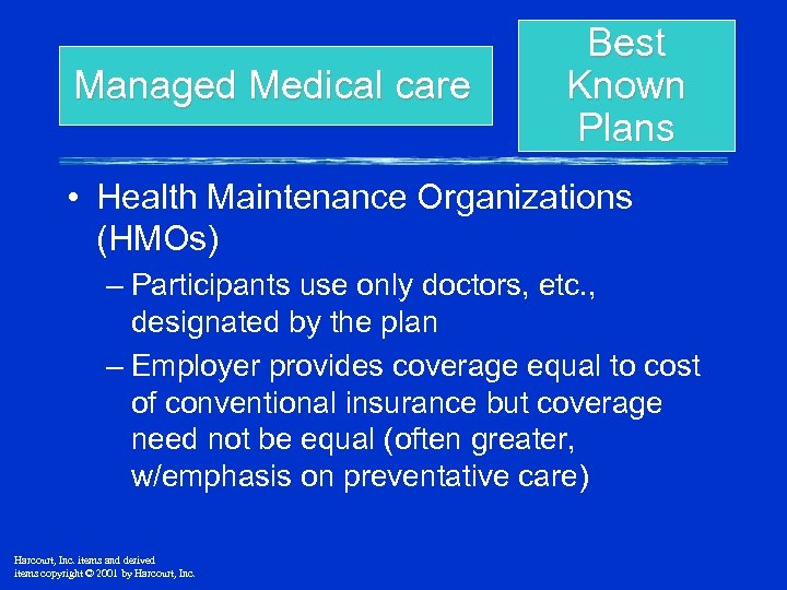 Managed Medical care Best Known Plans • Health Maintenance Organizations (HMOs) – Participants use