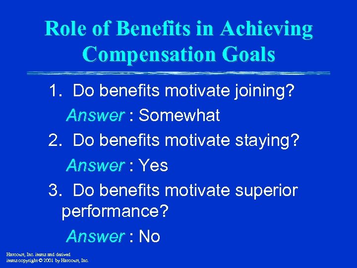 Role of Benefits in Achieving Compensation Goals 1. Do benefits motivate joining? Answer :