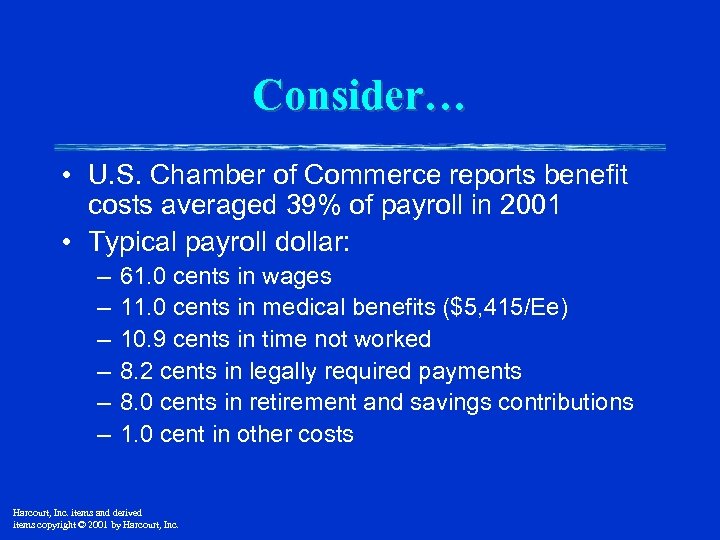 Consider… • U. S. Chamber of Commerce reports benefit costs averaged 39% of payroll