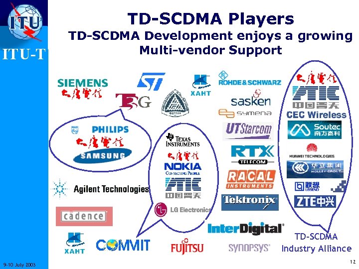 TD-SCDMA Players ITU-T TD-SCDMA Development enjoys a growing Multi-vendor Support TD-SCDMA Industry Alliance 9