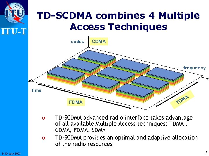 ITU-T TD-SCDMA combines 4 Multiple Access Techniques codes CDMA frequency time FDMA o o