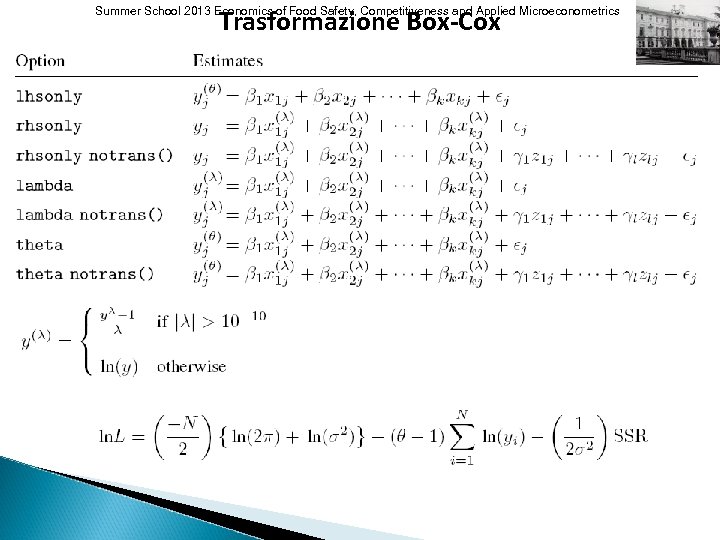 Trasformazione Box-Cox Summer School 2013 Economics of Food Safety, Competitiveness and Applied Microeconometrics 