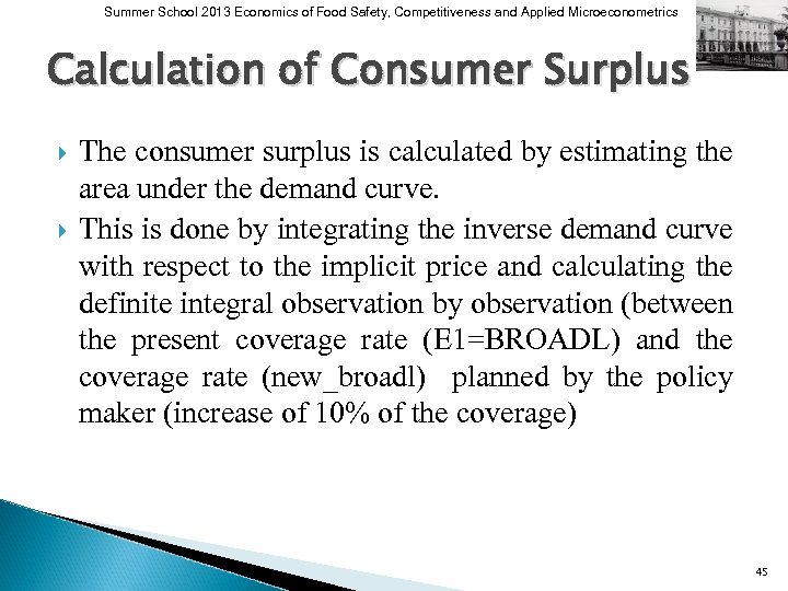 Summer School 2013 Economics of Food Safety, Competitiveness and Applied Microeconometrics Calculation of Consumer