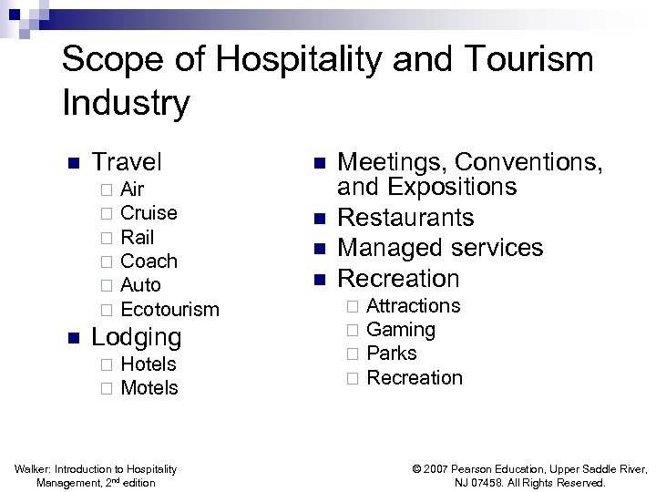 Scope of Hospitality and Tourism Industry n Travel ¨ ¨ ¨ n Air Cruise