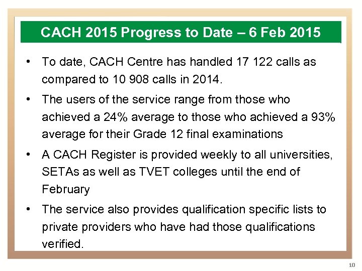 CACH 2015 Progress to Date – 6 Feb 2015 • To date, CACH Centre