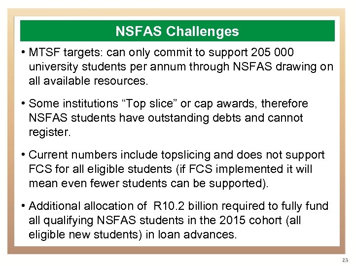 NSFAS Challenges • MTSF targets: can only commit to support 205 000 university students