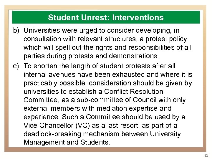 Student Unrest: Interventions b) Universities were urged to consider developing, in consultation with relevant