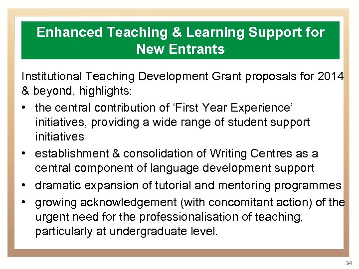 Enhanced Teaching & Learning Support for New Entrants Institutional Teaching Development Grant proposals for