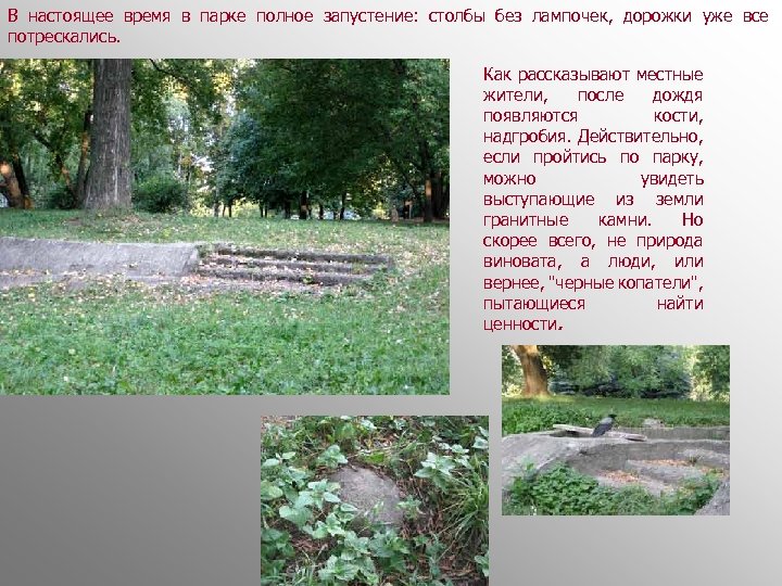 В настоящее время в парке полное запустение: столбы без лампочек, дорожки уже все потрескались.