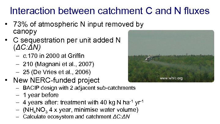 Interaction between catchment C and N fluxes • 73% of atmospheric N input removed
